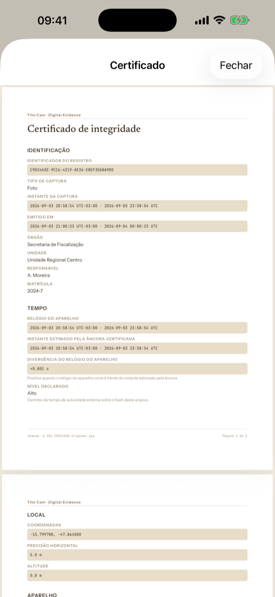 O certificado em PDF de um registro.