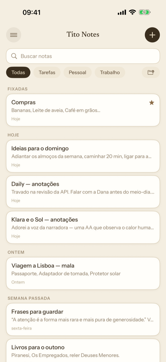 A biblioteca do Tito Notes no iPhone.