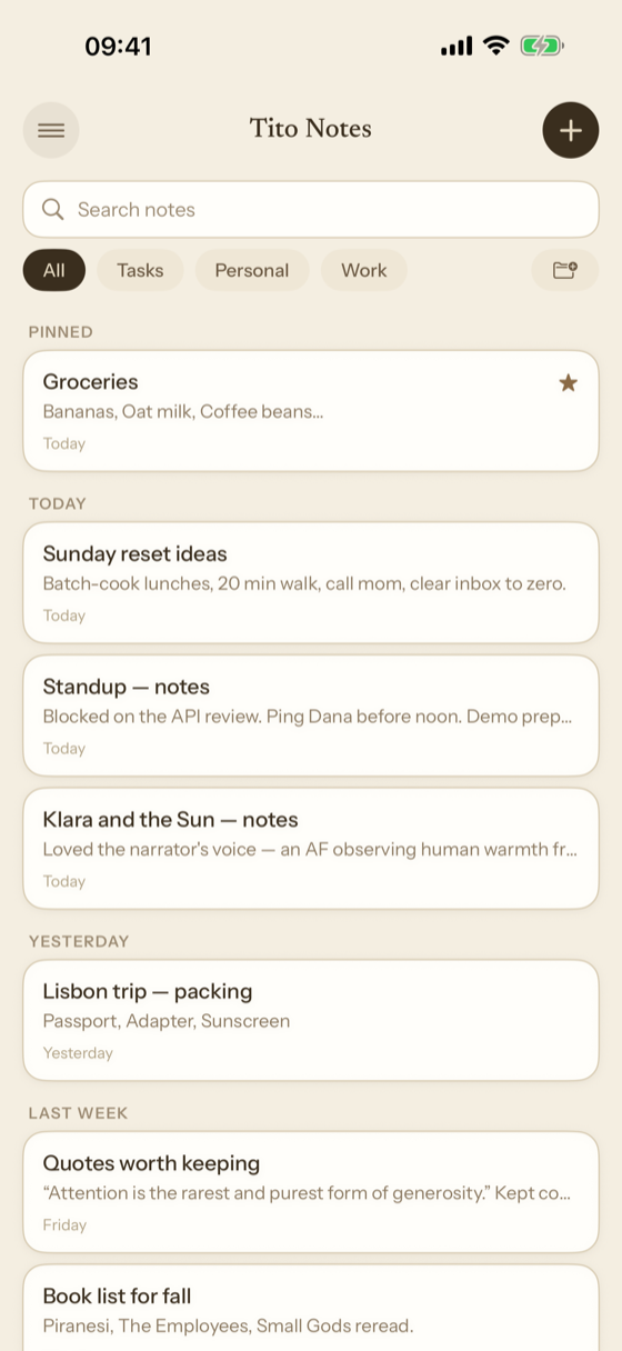 The Tito Notes library on iPhone.