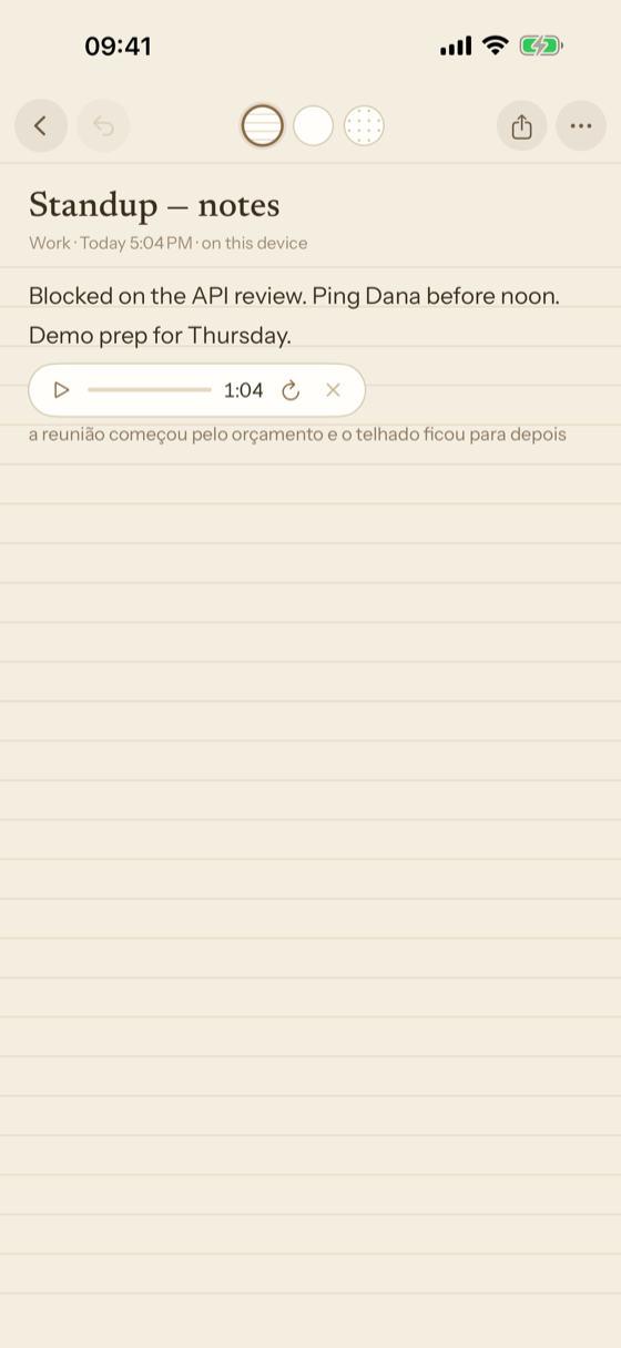 A note with a recording and its transcript underneath.