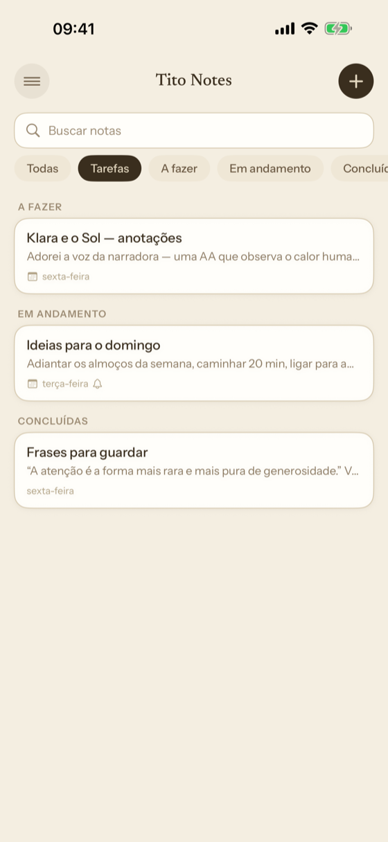 A pasta Tarefas, com a fazer, em andamento e concluídas.