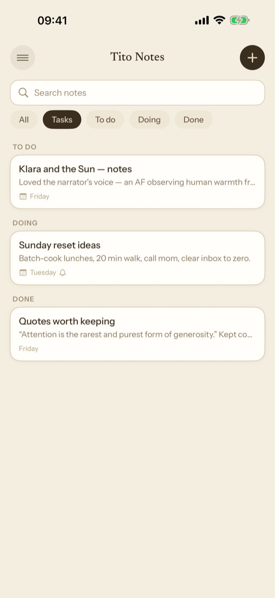 The Tasks folder, with to do, doing and done.
